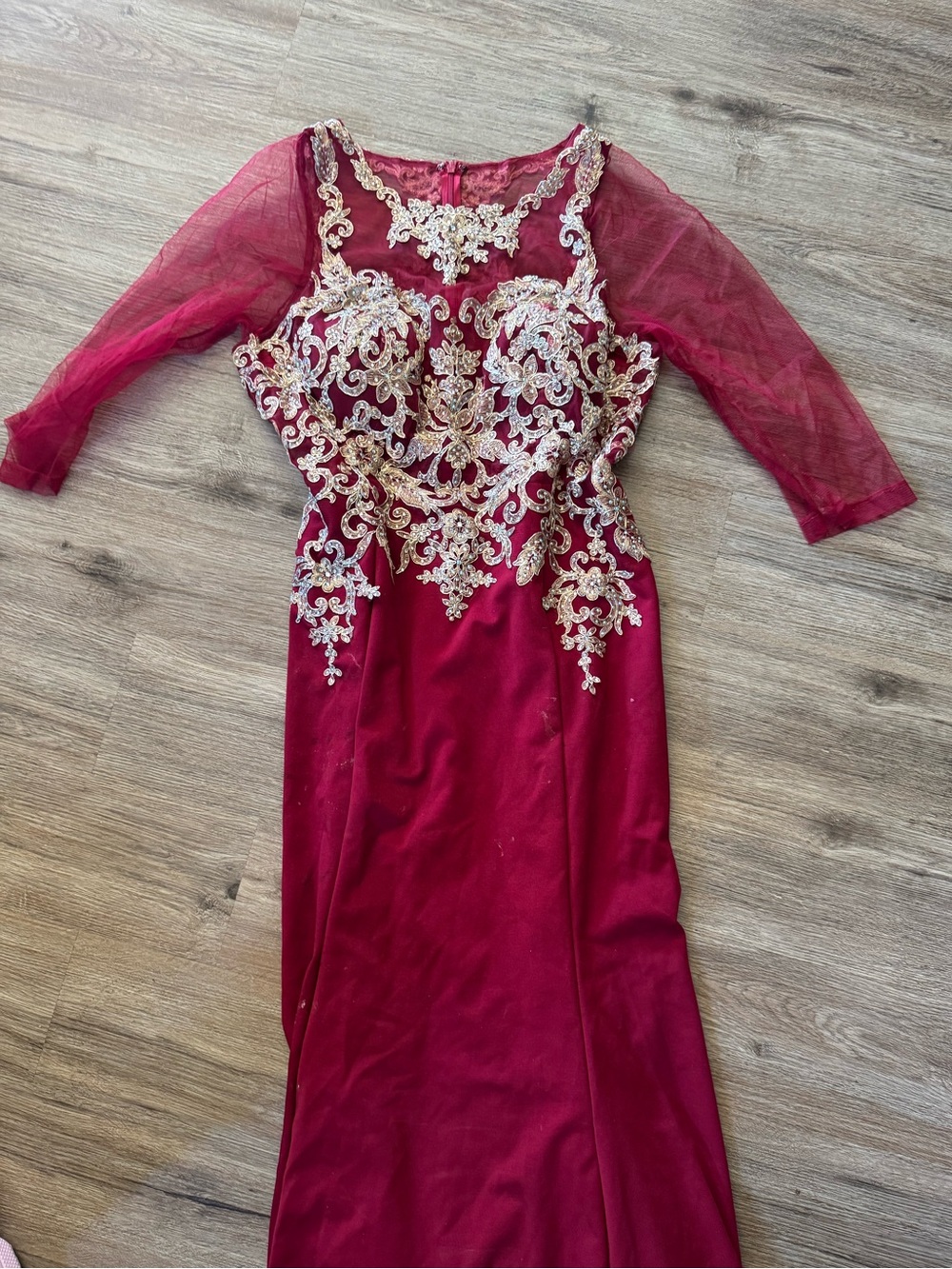 Burgundy Long Sleeve Evening Gown with Gold Appliqué